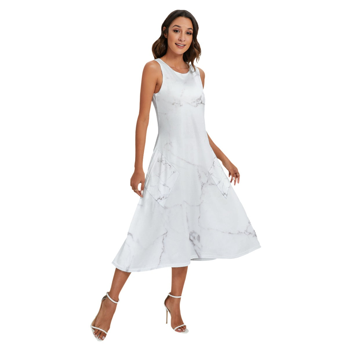 White Marble Women's Sleeveless Dress With Diagonal Pockets