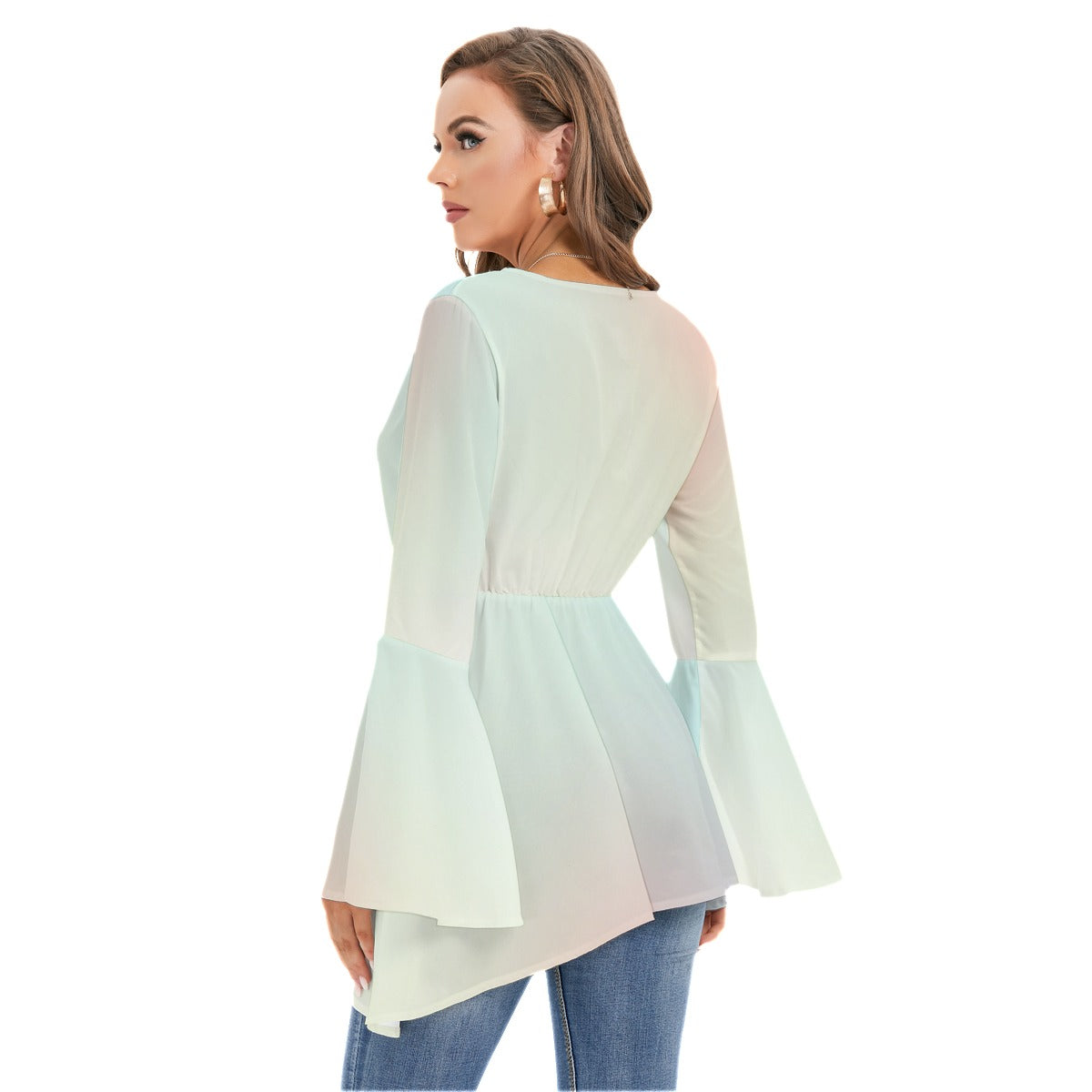 Light Aquamarine-Magenta Gradient Women's V-neck Blouse With Flared Sleeves