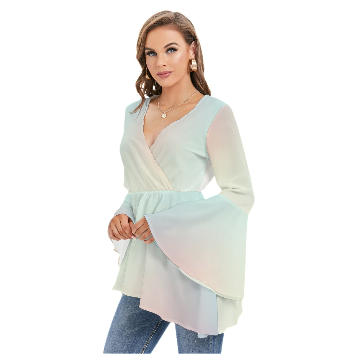 Light Aquamarine-Magenta Gradient Women's V-neck Blouse With Flared Sleeves