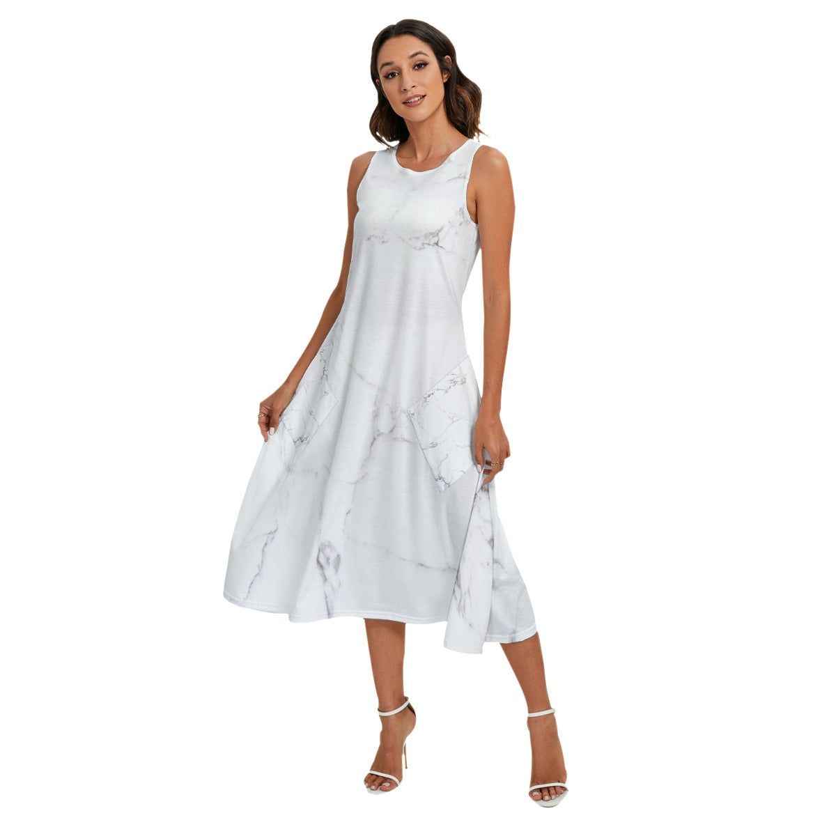 White Marble Women's Sleeveless Dress With Diagonal Pockets