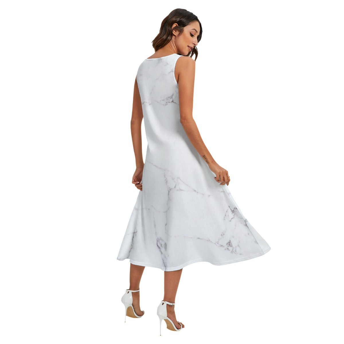 White Marble Women's Sleeveless Dress With Diagonal Pockets