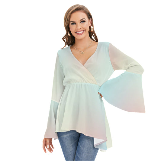 Light Aquamarine-Magenta Gradient Women's V-neck Blouse With Flared Sleeves