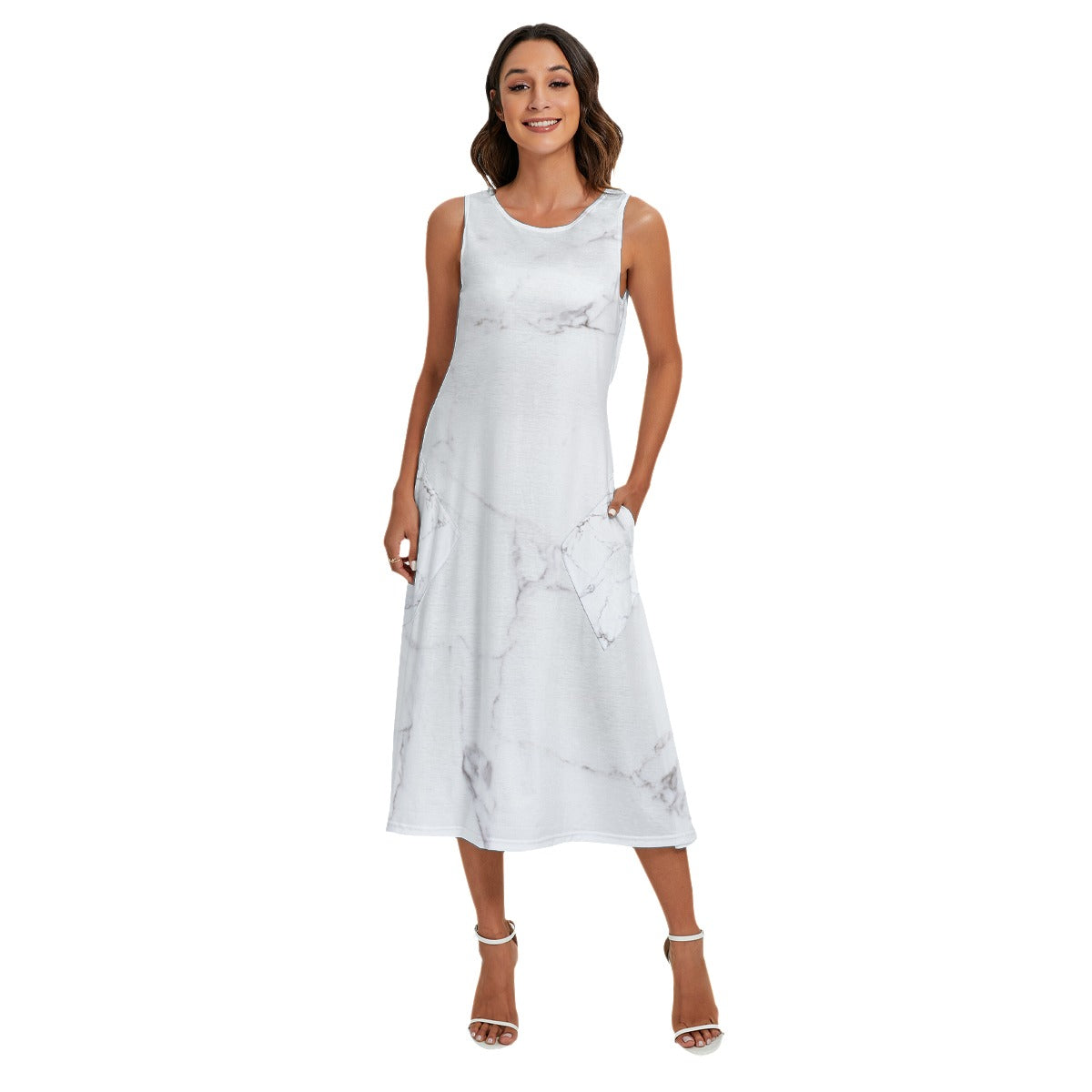 White Marble Women's Sleeveless Dress With Diagonal Pockets