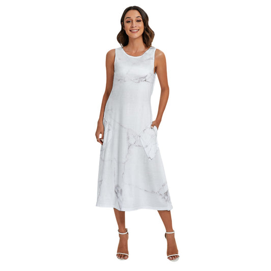 White Marble Women's Sleeveless Dress With Diagonal Pockets